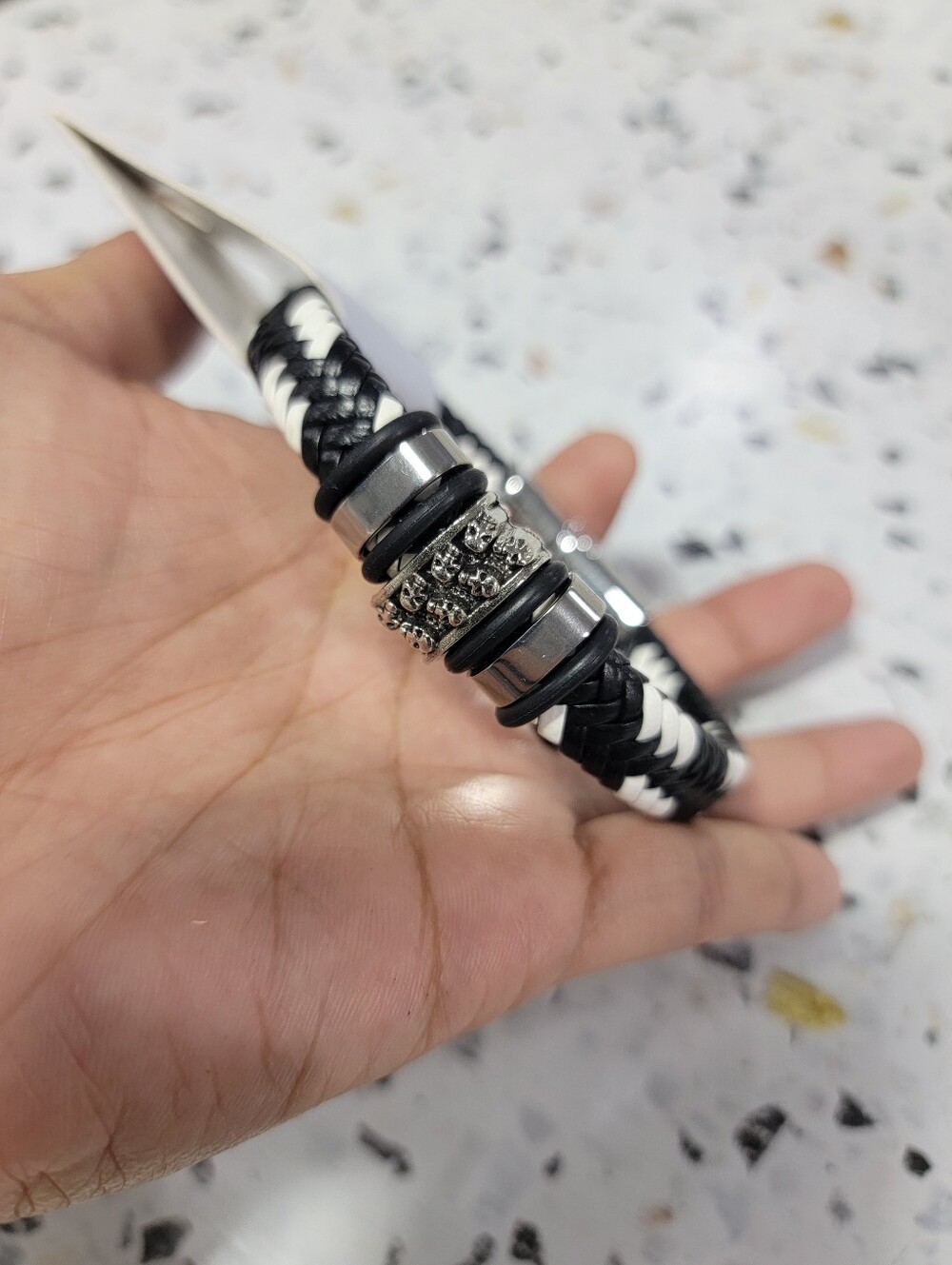 Men's Braided Black & White Leather Bracelet with Stainless Accents